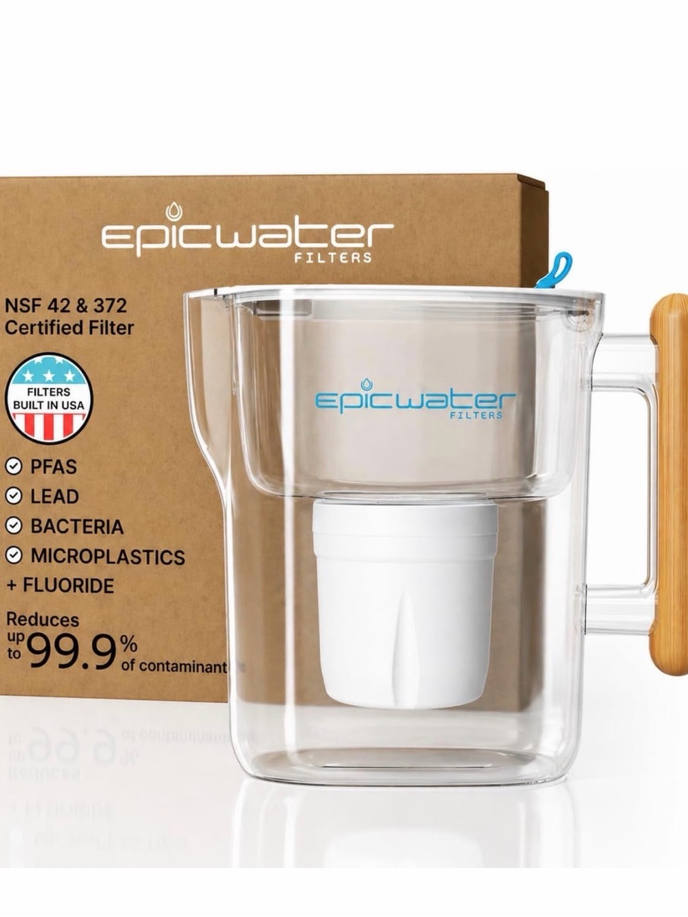 Epic Water Filters Pitcher - Clear with White Filter bamboo handle (Demo model)